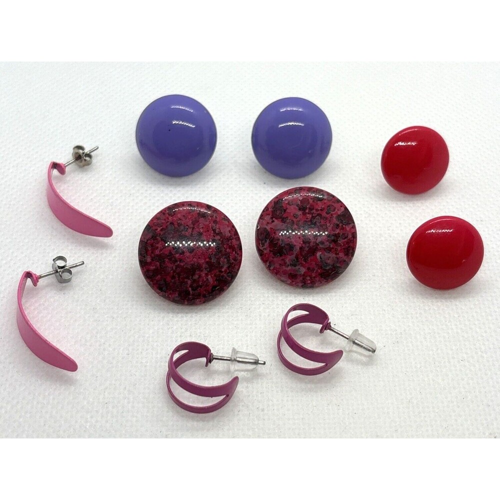 Vintage Lot of 5 Pairs Pink Purple Button Stud Hoop Pierced Earrings 80s 90s